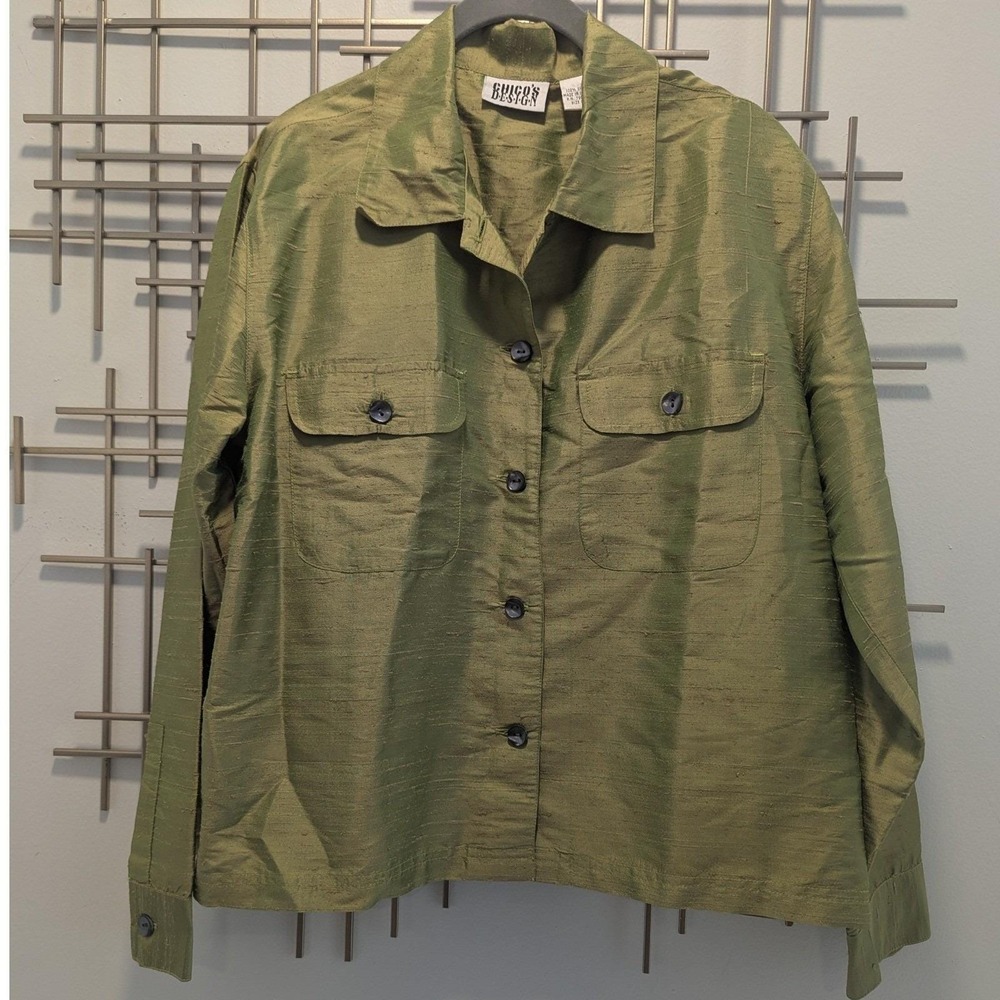 Vtg Chico's Design Shirt Green Raw Silk Button Down Long Sleeve Sz 1 (M/10)